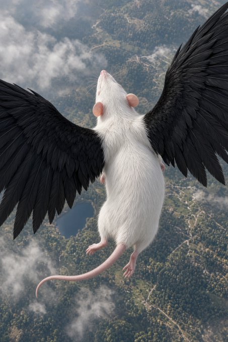 A surreal, AI-generated image of a white rat with large black bird wings flying upward over a vast landscape of forests, clouds, and a lake below.