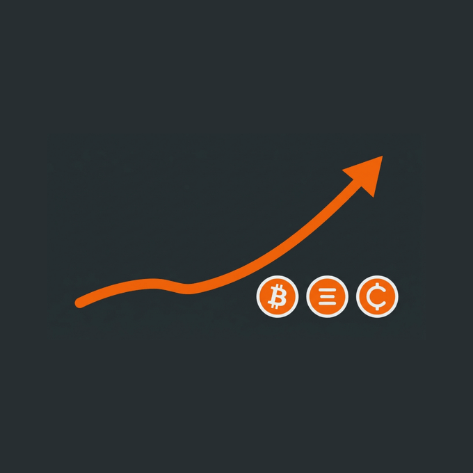 A simple graphic showing an orange upward-pointing arrow alongside circular icons for Bitcoin and other cryptocurrencies on a dark background.