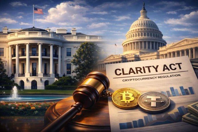 An AI-generated image combining the White House and the U.S. Capitol with a 'CLARITY ACT - CRYPTOCURRENCY REGULATION' document, a gavel, and Bitcoin and Tether coins.