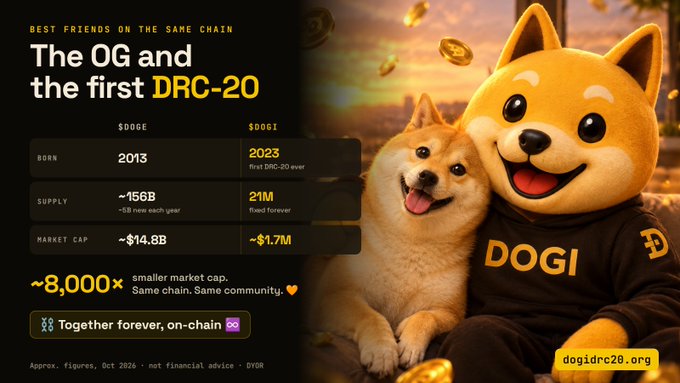 A promotional graphic titled 'The OG and the first DRC-20' comparing $DOGE and $DOGI, showing stats like a 2013 vs 2023 birth year and ~$14.8B vs ~$1.7M market cap, featuring a real Shiba Inu next to an animated 'DOGI' character at dogidrc20.org.