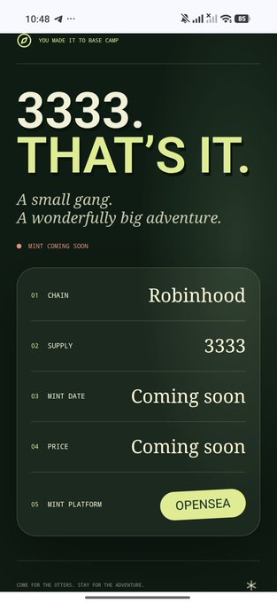 A mobile screen displays an NFT minting page titled '3333. THAT'S IT.' with details including 'Robinhood' as the chain, supply of 3333, and 'OPENSEA' as the mint platform.