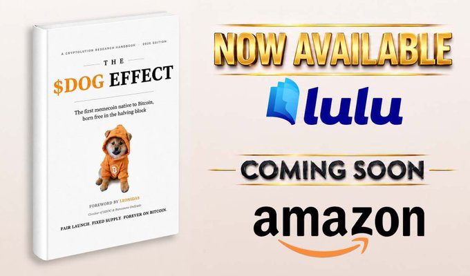 Promotional graphic for the book "The $DOG Effect" — The first memecoin native to Bitcoin, born free in the halving block, with foreword by Lennox — now available on Lulu and coming soon on Amazon.