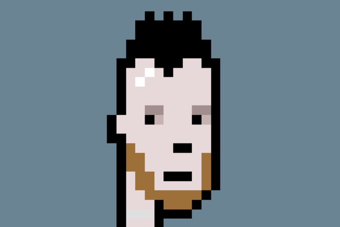 A minimalist pixel art portrait of a man's face with short dark hair and a beard against a solid blue-grey background.