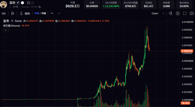 Cryptocurrency trading chart in Chinese for a token (富贵) showing a dramatic price spike to ~$0.0069 followed by a -5.18% decline, with 24-hour volume of $13,160.88K.