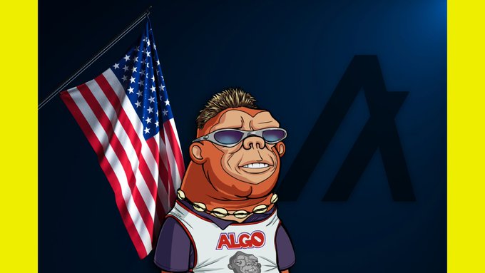 A patriotic cartoon avatar wears an "ALGO" tank top next to an American flag, complementing the "Happy 4th Monkos. Be Safe. $ALGO" Independence Day message.
