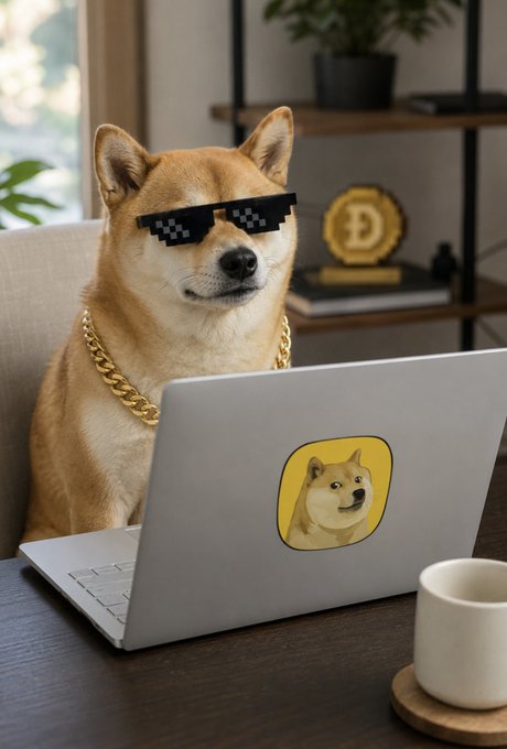 A Shiba Inu dog wearing pixelated "deal with it" sunglasses and a gold chain sits confidently at a laptop displaying a Doge sticker, with a Dogecoin ("Ð") trophy in the background—perfectly capturing the playful "building @DogeOS" vibe as if the iconic meme mascot is now coding the future of the Dogecoin ecosystem.