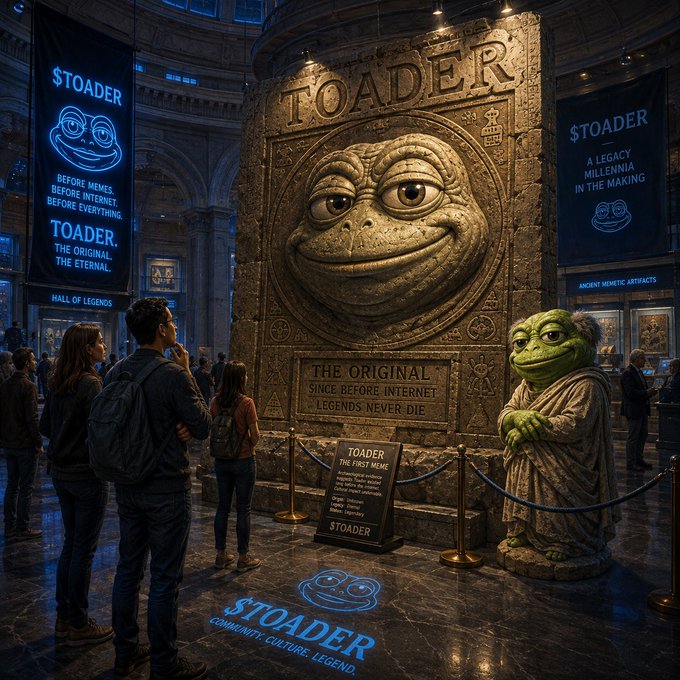 A museum-style exhibit dedicated to '$TOADER' features a large stone carving of a smiling toad face and banners reading 'A LEGACY MILLENNIA IN THE MAKING' and 'TOADER, THE ORIGINAL ETERNAL'.