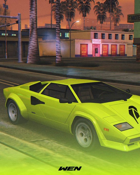 A bright yellow Lamborghini is parked on a stylized street with palm trees and a sunset sky, featuring the word "WEN" at the bottom of the image. The "Wen Lambo" text overlay directly ties to the crypto meme referenced in the post, symbolizing the aspirational goal of retail traders.