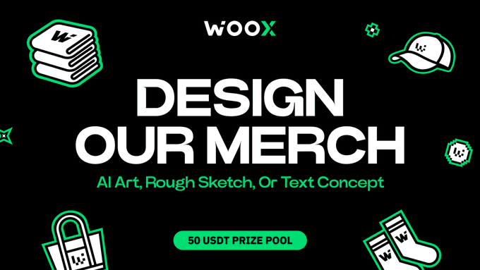 A promotional graphic with the 'WOOX' logo featuring the text 'DESIGN OUR MERCH' and 'AI Art, Rough Sketch, Or Text Concept' advertising a '50 USDT PRIZE POOL' for designing merchandise.