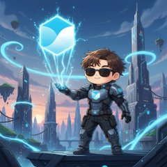 This illustration features a small man wearing black clothing with glasses holding a blue cube over his head, as if he's controlling or commanding something with it. The scene takes place in an urban setting with towers and buildings visible behind him. There is no clear indication of any action taking place within the image itself, but the overall composition suggests that the viewer could be experiencing that same sense of fear and dread they described, possibly related to a high-stakes situation or a virtual game involving power or leverage.