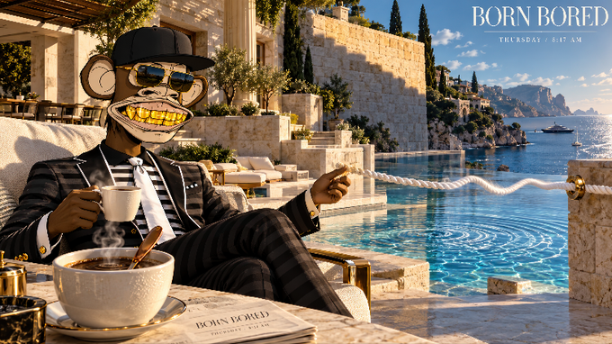 A luxury lifestyle scene titled "BORN BORED" featuring a well-dressed figure with a golden-grinning monkey head in a suit, lounging by an infinity pool overlooking a Mediterranean coast while holding coffee, with a "Born Bored" magazine in the foreground. The image's blend of opulence, morning routine, and edgy branding mirrors the post's motivational, hustle-driven energy—portraying Web3 success as a glamorous, rewarding lifestyle where every Thursday, including coffee, is a chance to win.