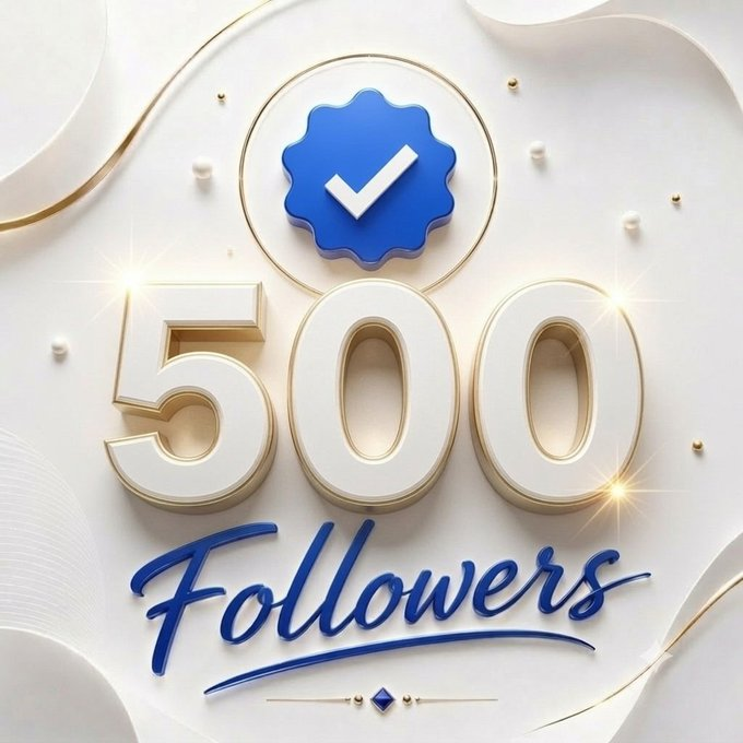A 3D-rendered graphic celebrates '500 Followers' with a blue verification checkmark badge on an elegant white and gold background.