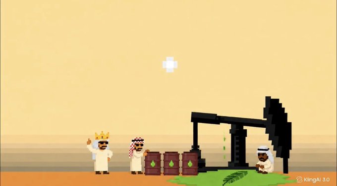 A pixel art scene showing Arab men standing near oil barrels and a black oil pumpjack with a leaking green spill on the ground, generated by King AI 3.0.