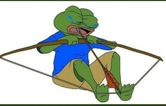 Meme image of the crying Pepe the Frog cartoon character appearing to cry while holding a broken bow and arrow.