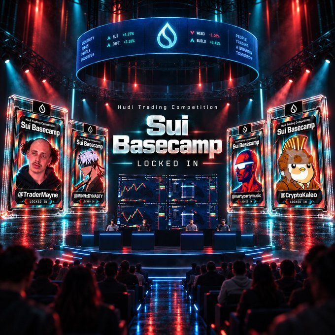 A promotional graphic for the 'Hudi Trading Competition Sui Basecamp' featuring four highlighted competitors (@TraderMayne, @WhoaDynaSty, @martypattymusic, @CryptoKaleo) with 'LOCKED IN' branding, alongside trading data for $SUI, $WEB3, and $DEFX.
