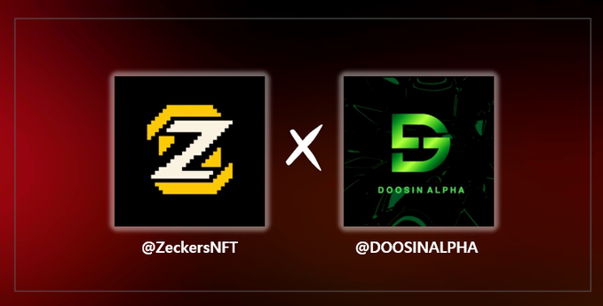 A promotional graphic displaying logos for @ZeckersNFT and @DOOSINALPHA separated by a white "x" on a dark red background.