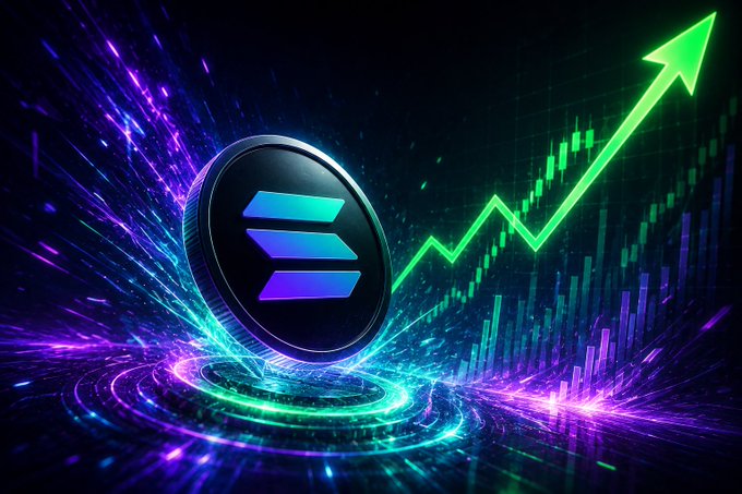 A graphic showing the Solana (SOL) logo with a glowing green upward arrow and candlestick chart against a vibrant purple and blue background.