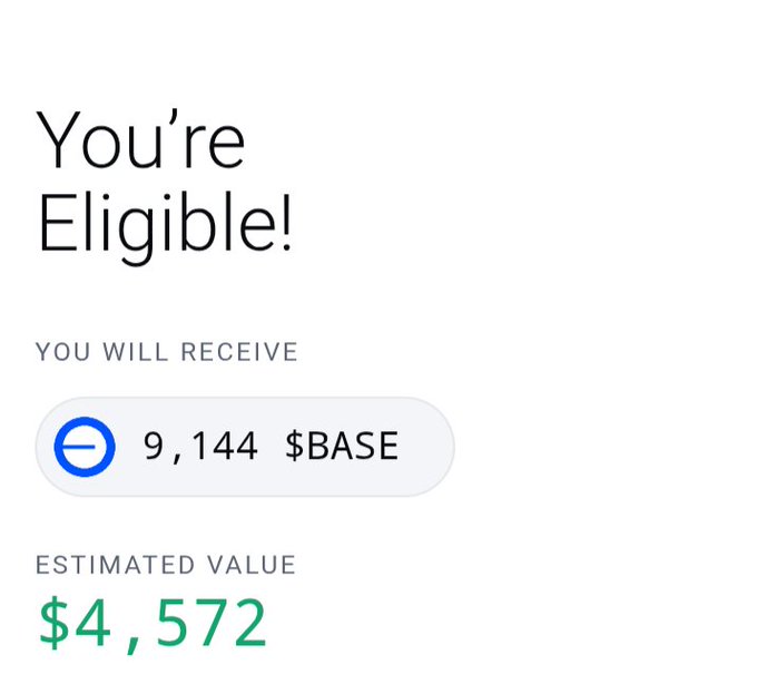 A mobile screen showing 'You're Eligible!' for an airdrop of 9,144 $BASE tokens with an estimated value of $4,572.