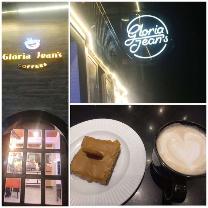 A collage of photos from Gloria Jean's Coffees showing the storefront sign, a neon logo on a wall, a glass entrance, and a slice of caramel dessert alongside a latte with heart-shaped foam art.