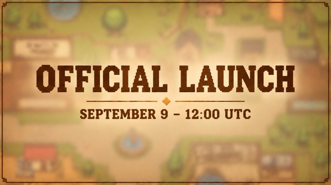 An 'OFFICIAL LAUNCH' announcement graphic for September 9 – 12:00 UTC, set against a blurred pixel-art game background.