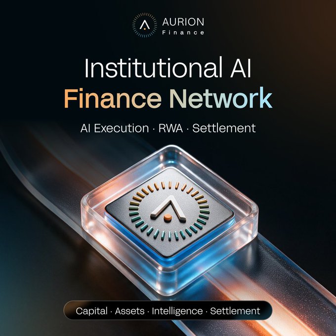 A promotional graphic for 'AURION Finance' advertising their 'Institutional AI Finance Network' with services in AI Execution, RWA, and Settlement, featuring a sleek 3D chip design.