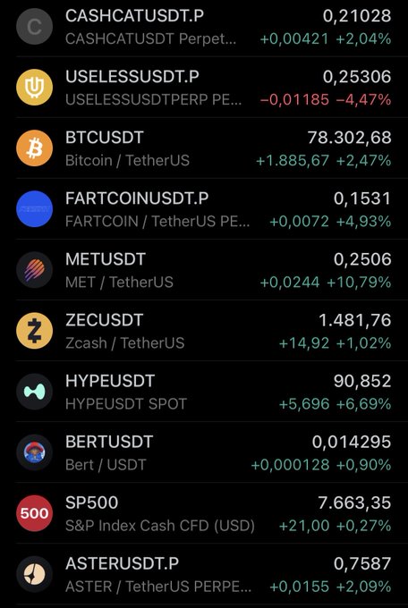 A cryptocurrency trading app interface lists various crypto prices including CASHCATUSDT.P (0,21028), USELESSUSDT.P (0,25306), BTCUSDT (78.302,68), FARTCOINUSDT.P (0,1531), METUSDT, ZECUSDT, HYPEUSDT, BERTUSDT, SP500 (7.663,35), and ASTERUSDT.P with their respective price changes.