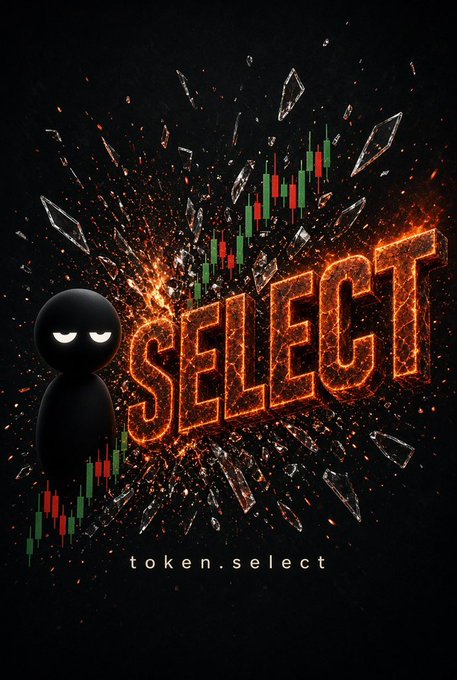 A dark promotional graphic displays 'SELECT' in fiery orange text with a cracked glass background, a small black cartoon character, candlestick chart elements, and the text 'token.select' at the bottom.