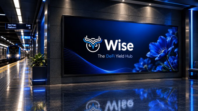 A billboard advertisement for 'Wise - The DeFi Yield Hub' featuring an owl logo and blue flowers, displayed in what appears to be a modern subway or train station setting.