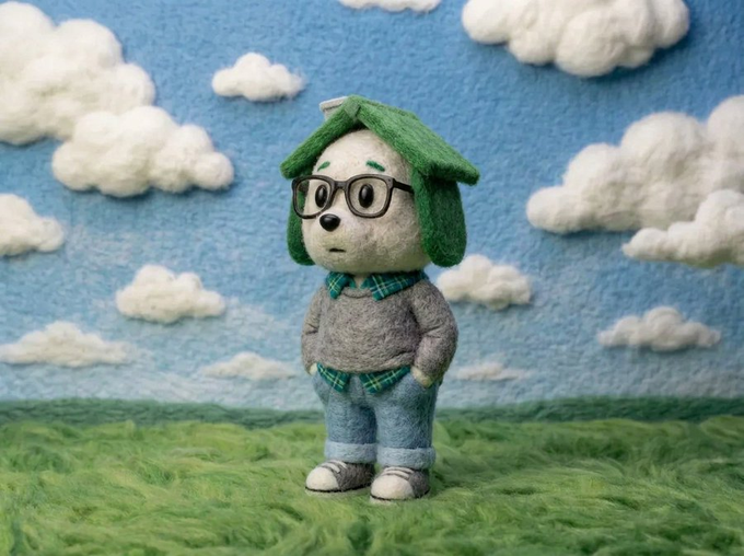 A stop-motion style felt figure of a character with green hair, glasses, a plaid shirt, and gray sweater, standing on a grassy field with fluffy clouds in the sky.