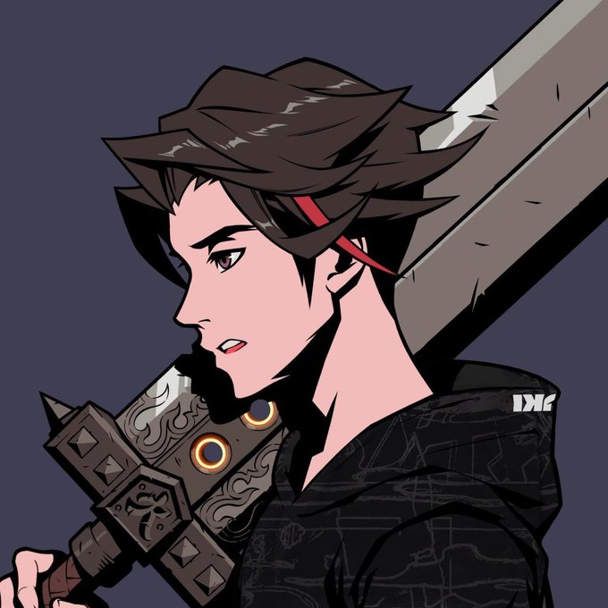 An anime-style digital illustration of a young man with brown hair and a red streak, carrying a large, ornate weapon on his back.
