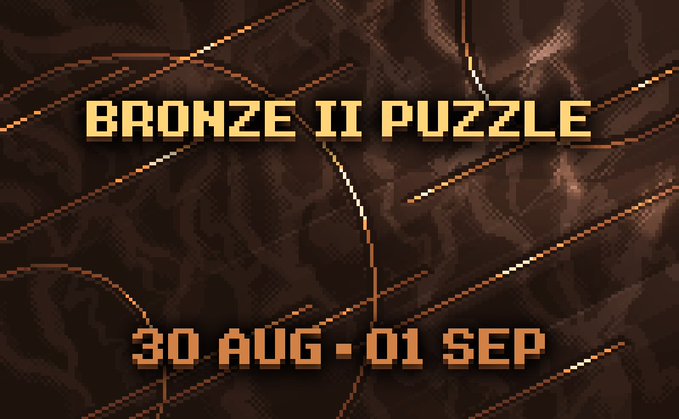 A bold promotional graphic with a dark, industrial design featuring orange geometric line accents displays the text "BRONZE II PUZZLE" and the dates "30 AUG - 01 SEP," announcing an event that marks the starting point of a mining empire journey with unlockable miners and rewards through puzzle-solving.