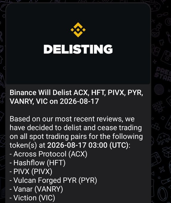 A Binance announcement stating 'DELISTING' of tokens ACX, HFT, PIVX, PYR, VANRY, and VIC on 2026-08-17.