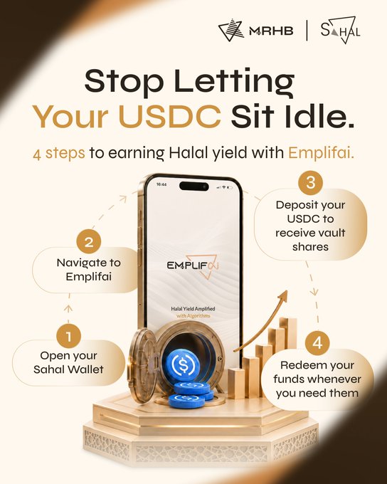 An MRHB and Sahal promotional graphic titled 'Stop Letting Your USDC Sit Idle' outlines 4 steps to earning Halal yield with Emplifai using a Sahal Wallet.