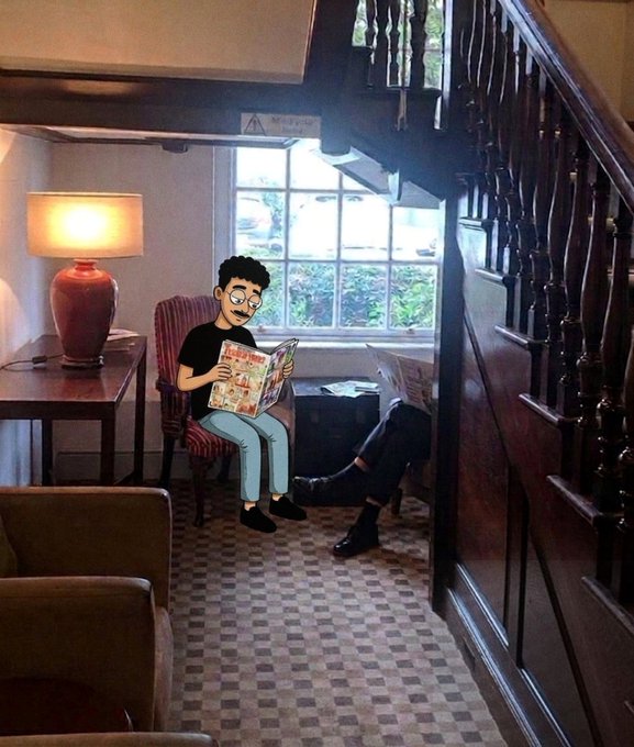 A photo of a man reading a newspaper in a chair by a window, with a cartoon illustration of a man with curly hair and glasses digitally superimposed onto him, set in a cozy room with wooden stairs and a red lamp.