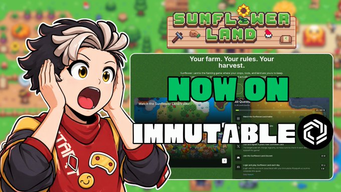 Promotional graphic announcing 'Sunflower Land' now available on Immutable, featuring an anime-style character and the game's logo with farming tools.