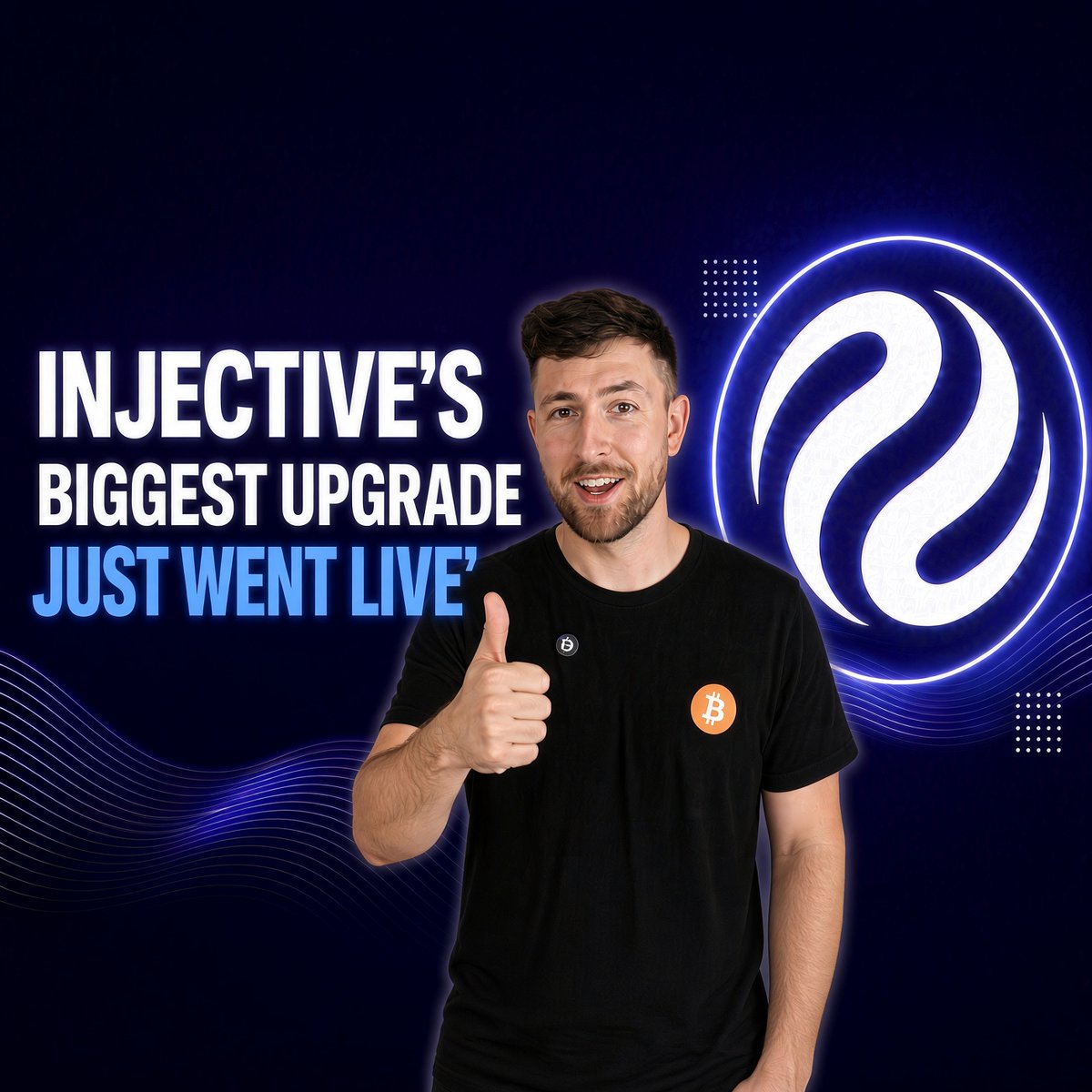 YouTube thumbnail featuring a bearded man in a black Bitcoin-branded t-shirt giving a thumbs up, with text reading 'INJECTIVE'S BIGGEST UPGRADE JUST WENT LIVE' alongside the Injective logo.