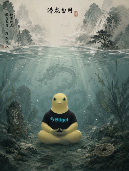 A whimsical image of a yellow seal-like mascot wearing a black 'Bitget' t-shirt meditating underwater, with a Chinese dragon in the background, Chinese characters including '潜龙勿用', and a coin on the seabed.