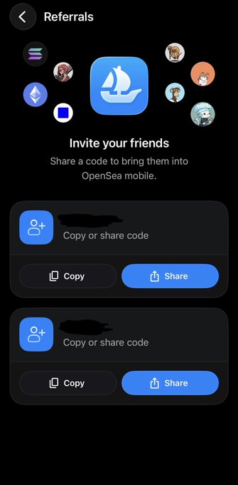 The image shows OpenSea's Referrals screen with the heading "Invite your friends" and the prompt to "Share a code to bring them into OpenSea mobile," featuring two hidden referral codes that can be copied or shared. This relates to the post by showing the available invite codes for the OpenSea mobile app, which the user is generously offering to share with others.