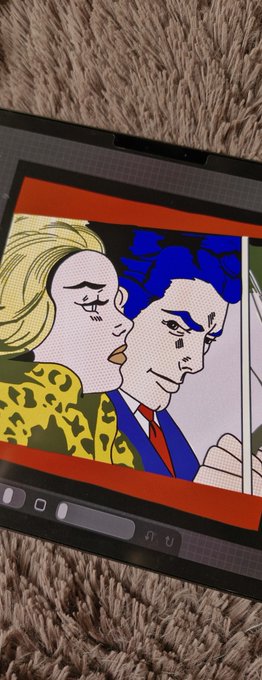 A smartphone displays a pop art-style digital artwork featuring a blonde woman in a leopard-print top beside a blue-haired man in a suit, rendered in Lichtenstein-esque dot patterns. The image relates to the post promoting a Tezos NFT titled "Hate Or Love" (05/06 Editions, 9.90 Tezos) listed on Objkt.com.