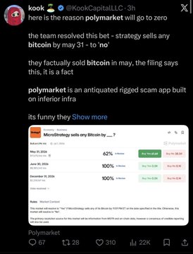 The image shows a black screen displaying a Twitter message, an explanation of what happened at the Polymarket prediction market and a question regarding this event.
