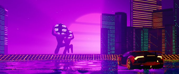 A retro-futuristic synthwave-style image shows two figures standing beneath a purple sky with a large moon, next to a red sports car against a neon-lit cityscape.