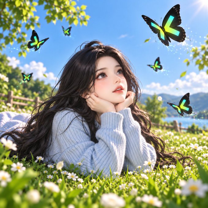 An anime-style illustration of a girl with long dark hair lying in a field of daisies, gazing up at colorful butterflies fluttering around her under a bright blue sky.