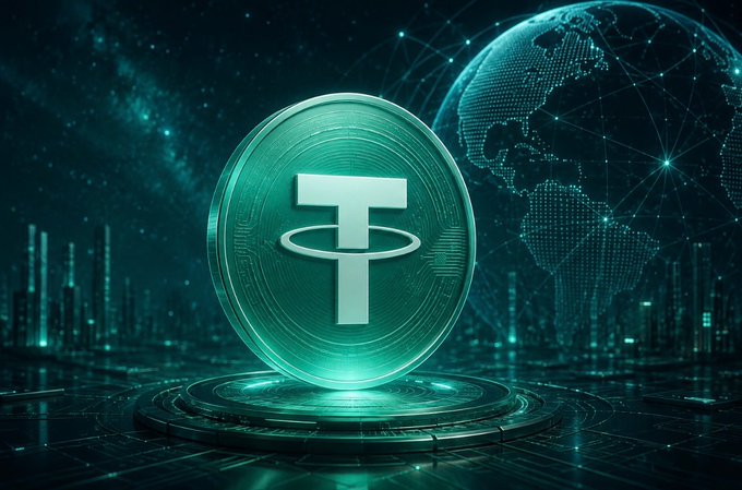A glowing teal Tether (USDT) coin hovers above a digital platform, set against a futuristic backdrop featuring a networked globe and cityscape, visually symbolizing Tether's expansion beyond stablecoins into AI-driven mobile technology across health, finance, and sports.
