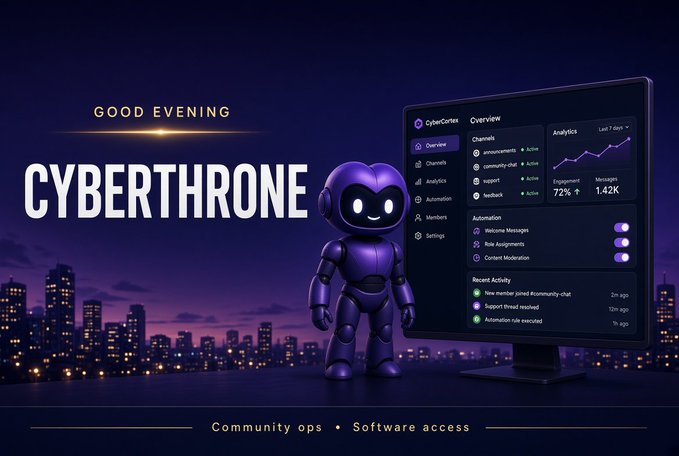 A digital promotional graphic for "CYBERTHRONE" features a purple robot character beside a dashboard interface displaying community chat channels, analytics, and automation settings against a twilight cityscape.