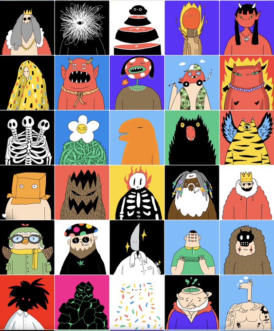 A grid of 30 colorful cartoon character illustrations featuring various whimsical monsters, creatures, and figures with bold outlines.
