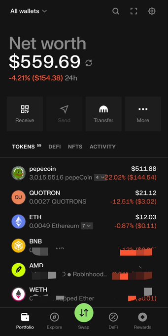 A screenshot of the Kraken wallet app displaying a portfolio net worth of $559.69 (down 4.21% / -$154.38 in 24h), with top holdings including PepeCoin ($511.88), QUOTRON ($21.12), ETH ($12.03), and BNB — supporting the post's praise for the wallet's smooth, intuitive interface and multi-wallet functionality.