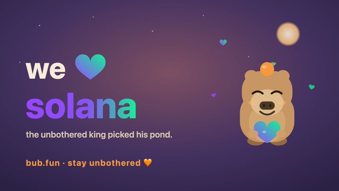 An advertisement featuring a cartoon capybara character with the text 'we love solana,' subtitled 'the unbothered king picked his pond,' and the URL 'bub.fun · stay unbothered.'