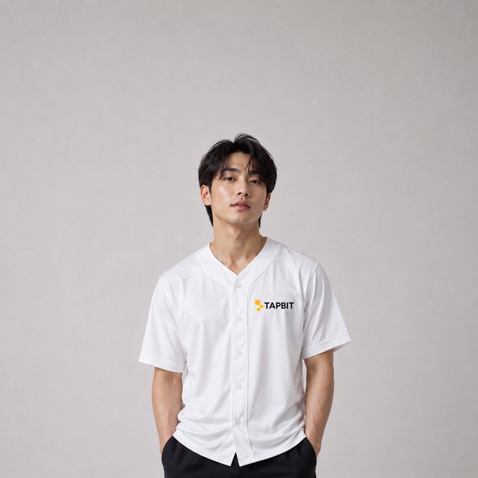 A man with dark hair poses for a studio portrait wearing a white baseball jersey featuring a yellow logo and the word "TAPBIT".