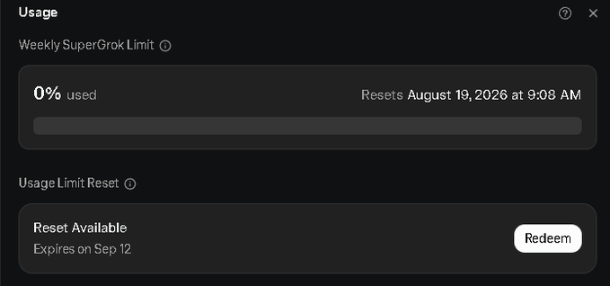 A "Usage" modal shows a Weekly SuperGrok Limit at 0% used, resetting August 19, 2026 at 9:08 AM, with a "Reset Available" option (expires Sep 12) redeemable via a button—directly supporting the post's gratitude for the usage reset while highlighting the request for unused credits to roll over week to week.