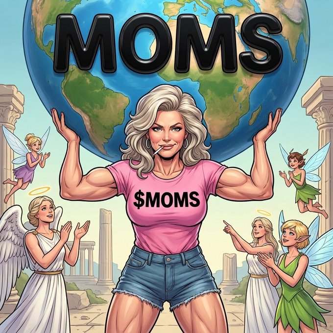 A cartoon illustration of a muscular woman holding up the Earth with 'MOMS' written above her, wearing a pink '$MOMS' shirt, surrounded by angels and fairies near Greek columns.